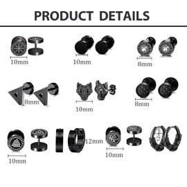 Viking Earrings for Men, 10 Pairs Norse Runes Hoop Earring Stainless Steel Stud Earrings, Viking Hoop Punk Biker Earrings Classic Black Stud Earrings for Men (Black B)