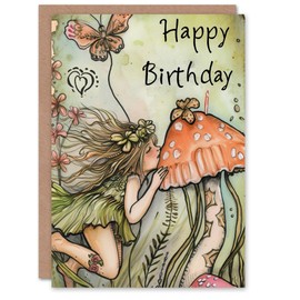 Artery8 Birthday Card Pixie Fairy Mushroom Butterfly Illustration For Her Gran Sister Niece Daughter Wife Woman Greeting Card