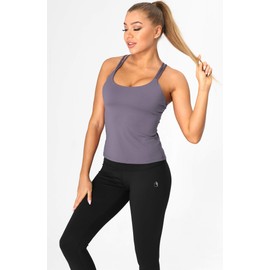 icyzone Women's Sports Top with Integrated Bra - Longline Padded Yoga Bra Without Underwire, 2 in 1 Gym Fitness Tank Top, purple