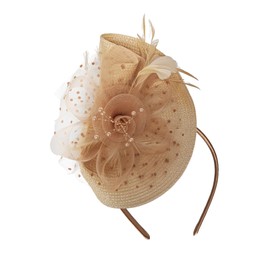 BUDUBIBI Fascinators Hat for Women, Vintage Mesh Derby Headband with Feather Hair Clip Headwear for Tea Party Wedding Cocktail(Khaki)