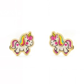 Women's & Children's Enamel Unicorn Stud Earrings - Yellow Gold 9 Carat (375) - Gift Box, Gold, No Gemstone