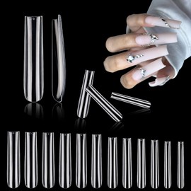 Pack of 240 False Nails Tips, 12 Sizes Nail Extensions Transparent Nail Tips, Extra Long Tapered Square False Nail Tips, Clear Acrylic False Nails for DIY Nail Art
