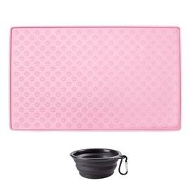 Pet Silicone Mat, Water Bowl Mat Pet Tray for Food and Water with Collapsible Water Bowl, Non-Slip Pet Food and Water Mat, Easy-to-Clean Silicone Pet Food Trays for Floor (Pink, One Size)
