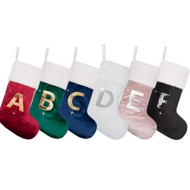 BHD BEAUTY Initial Christmas Stockings Green Velvet Gold Sequin Soft Faux Fur 20 Inches Embroidery Monogrammed Stocking Pattern for Family Decorations Hanging Ornament for Xmas Holiday Party Letter A