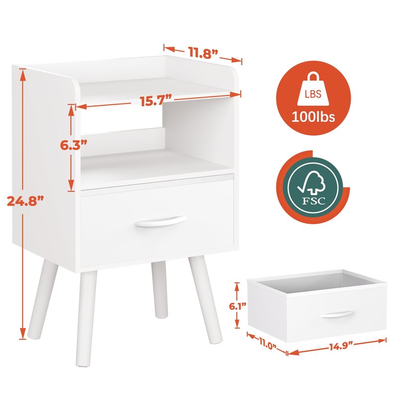 Yoobure Modern Nightstand with Drawer, Bedside Tables, Mid Century Nightstands
