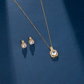 4pcs Cubic Zirconia Wedding Jewelry Sets for Bride Bridesmaid Cubic Zirconia Pendant Necklace Earrings Link Tennis Bracelet Open Ring Set for Women Birthday/Valentine's Day/Mother's Day/Christmas (Gold Plated White Cubic Zirconia)