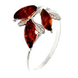SilverAmber Jewellery Silver Amber Jewellery - 925 Sterling Silver and Cognac Baltic Amber with 3 Stones Modern Designer Ring - UK Size L - AR2CK, Gemstone