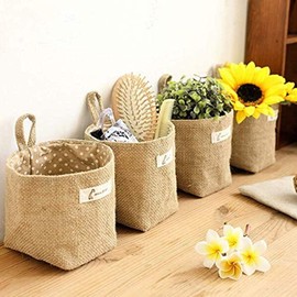 Hanging Small Storage Baskets, 4pcs Cotton Linen Storage Basket Bag with Handle, Foldable Organizer Box Bins Small Wicker Baskets for Storing Makeups, Cosmetics, Keys, Tools, Toys