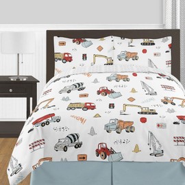 Sweet Jojo Designs Construction Truck Queen Sheet Set - 4 Piece Set - Grey Yellow Orange Red and Blue Transportation