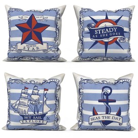 ASDCXZ Maritime Cushion Cover 40 x 40 cm Set of 4 Red Blue Anchor Compass Sailing Boats White Sofa Decorative Cushion Covers Washable Polyester Flax Textile Outdoor Pillowcase Cushion Cover