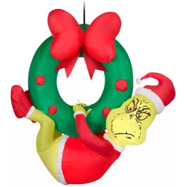 Gemmy Christmas Airblown Inflatable Grinch Hanging from Wreath Dr. Seuss, 4 ft