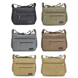 Fabuxry Light Weight Canvas Shoulder Bag for Women Messenger Handbags Cross Body Multi Zipper Pockets Bags (Brown)