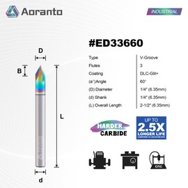 Aoranto ED33660 60-Degree V-Groove Router Bits 1/4" Shank, Industrial Quality Extra Long Life Coating Soild Carbide Chamfer CNC Engraving Bit for Wood Carving Engraving, 3 Flutes 1/4" Dia x 7/32" CL