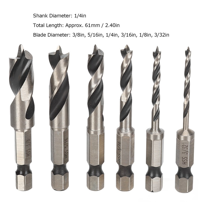6Pcs 3 Point Drill Bit High Speed Steel Imperial Wood
