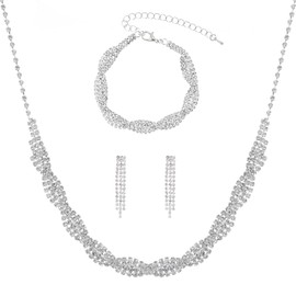Jmkcoz Women Jewelry Set Silver Necklace Earrings Bracelet Rhinestone Crystal Bridal Wedding Jewelry Sets for Brides Bridesmaid Wedding Party (Style 11)