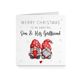 Merry Christmas To An Amazing Son & His Girlfriend Seasonal Gonk Gnome Card - Watercolour Festive Greeting Card For Couple - Christmas Gonk Gnome Card For Son & His Girlfriend C214