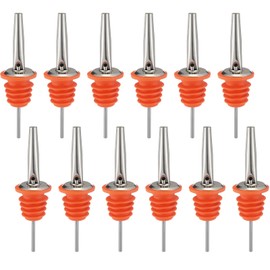 Quzzil 12 Units Tapered Pour Spouts for Liquor Bottles Pourer Dispenser, Chrome Metal Spout with Oversized Poly-cork for Wide Neck Bottles, Medium Speed Controlled Pour, Orange