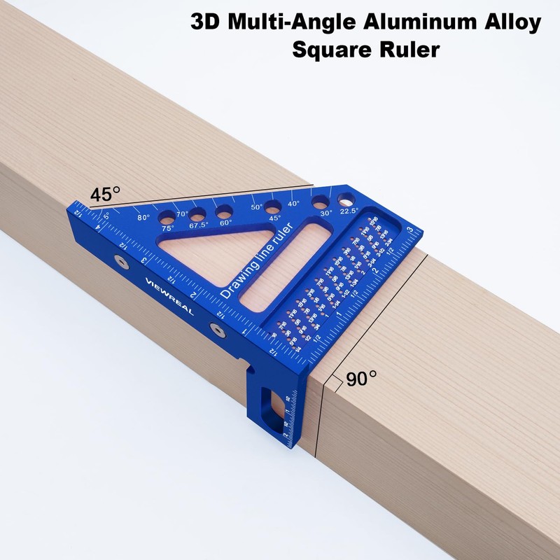 3D Multi-Angle Aluminum Alloy Woodworking Square Ruler, 22.5-90 Degree Protractor,