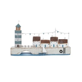 Shoeless Joe Quayside with Lighthouse/Handmade Small Pretty Seaside Decoration/Nautical Miniature Wooden Harbourside Ornament
