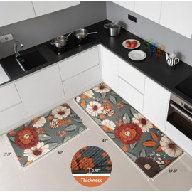Mightree Kitchen Rugs Set of 2 Non Slip Waterproof Kitchen Mats for Floor, Comfort PVC Foam Anti Fatigue Standing Mat for Home, Vintage Flower Floral Pattern Rugs 17.3×30+17.3×47inch,Grey