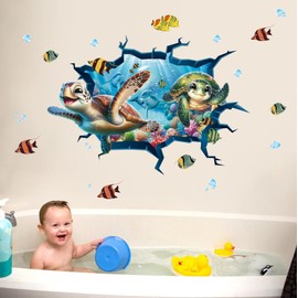 ANHUIB 3D Under The Sea Turtle Wall Decals Wall Stickers for Marine Animals Decoration Tropical Fish Ocean Wall Art Decals for Baby Nursery Kids Broken Wall Stickers Bathroom Wall Decor