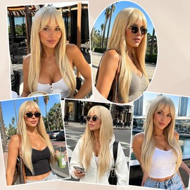 613 Blonde Wig for Women Long Straight Blonde Glueless Wig with Bangs 35 Inch Layered Synthetic Wig Natural No-Glue Hair Fibers, Suitable for Daily Gatherings