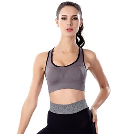 Hanaoops Women's Sports Bra Strong Hold Mesh Racer Back Yoga Bras Padded Removable Suitable for Jogging, Gyms and Gymnastics, gray, XL