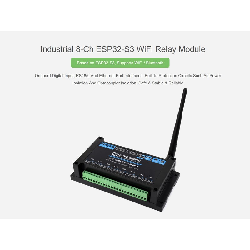 Industrial 8-Channel ESP32-S3 WiFi Relay Module, RS485, Digital Input, Relay,