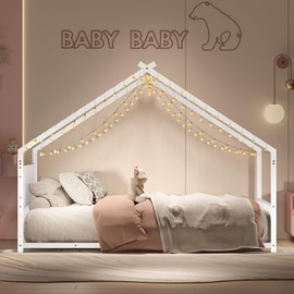 Twin Size Montessori Floor Bed with RGB LED Light, Twin Size House Floor Bed with High Headboard and Footboard, Twin Floor Bed with Slats, White