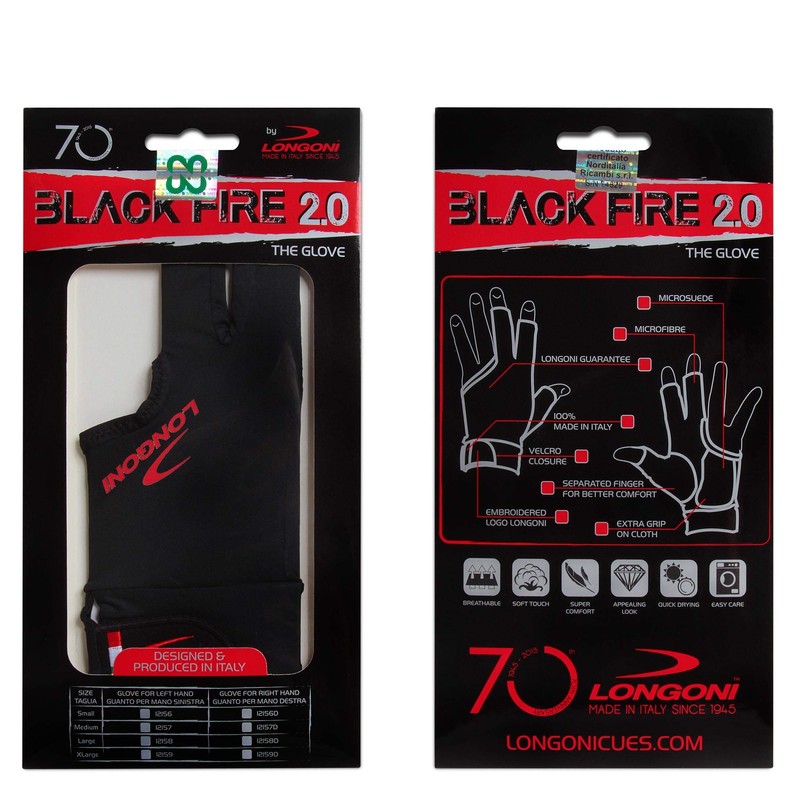 Longoni Black Fire 2.0 - Guante para billar (para mano
