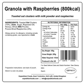 EXPEDITION FOODS expeditionfoods.com Granola with Raspberries (High Energy Serving / 800KCAL) | Freeze-Dried Camping & Hiking Food