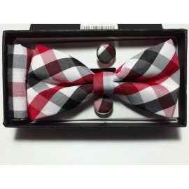 Unbranded JaBonCo Mens Bow Tie Cuff Links & Pocket Square Set Formal Black Red NIB