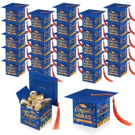 TaoBary 30 Pcs Graduation Cap Candy Box with Tassel Party Favors & Decorations - Blue & Orange