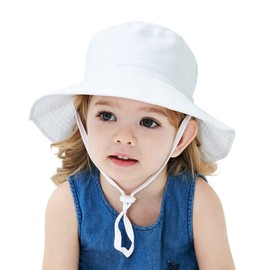 LO SHOKIM Baby Sun Hat Toddler UPF 50+ Summer Sun Protection Wide Brim Bucket Hat Baby Girl Beach Hat Boy Kids Adjustable Cap Summer (White, S)