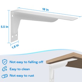 2 Pack 16 inchs Heavy Duty Industry Shelf Brackets, White L Countertop Support Brackets Steel Shelf Brackets Metal Wall Shelf Mount DIY Steel Triangle Shelf, Max Load 880 LB