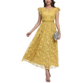 DEARMSROSE Women's Midi Formal Dress 2025 Flutter Short Sleeve Crewneck Lace Wedding Guest Party Dresses（Medium,Yellow）