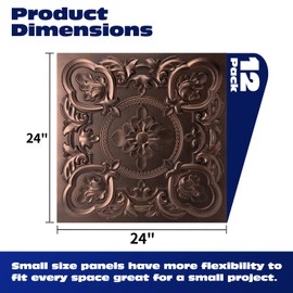 Art3dwallpanels 12 Pack Drop Ceiling Tiles, 24 x 24 Inch High Grade PVC 3D Wall Panels Vintage Flower Pattern for Interior Wall Decor, Fire Rated, Waterproof, Antique Copper