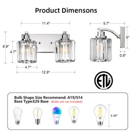 Haolaike 2 Lights Crystal Bathroom Vanity Light Modern Chrome Bathroom Light Fixture Bathroom Lighting Fixtures Over Mirror for Mirror E26 Base