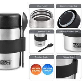 Polar Gear Insulated Food Flask – Triple Layer Stainless Steel Soup & Food Container With Spoon – Keep Meals & Drinks Hot for 6 Hours & Cold for 6 Hours – For Work, School & Travelling (Black)