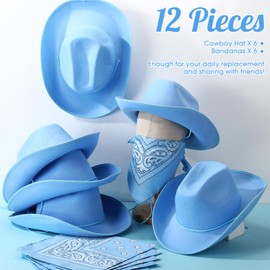6 Sets Adult Cowboy Hat for Women and Men Western Cowgirl Hats with Adjustable Drawstring and Cowboy Party Paisley Bandana(Sky Blue)