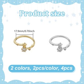 GOMAKERER 4 Pcs 2 Colors Alloy Finger Rings, 17.9mm Star Cubic Zirconia Rings Adjustable Open Cuff Ring Settings Mixed Color Finger Ring Findings for Crafting Jewelry Making