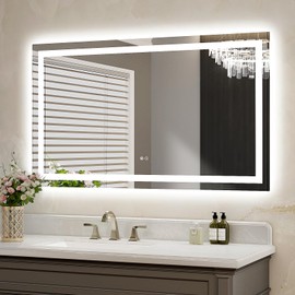 Voswdia LED Bathroom Mirror 48"x28" Inch Lighted Bathroom Vanity Mirror with Lights, Brighter Frontlit and Backlit Light up Anti Fog Mirror, Tempered Glass, 3-Color Dimmable, Memory Function