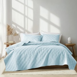 inron Quilts Queen Size,Sky Blue Microfiber Ultrasonic Full Bedspreads,Lightweight Breathable Coverlet,Modern Geometric Pattern Thin Bedding Set for All Seasons(1 Quilt,2 Pillow Shams)