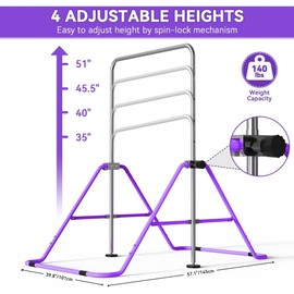 FBSPORT Gymnastics Bar for Kids with Rings，Adjustable Height Gymnastic Horizontal Bars,Junior Training Bar Children Folding Training Monkey Bars for Home Using (Purple)