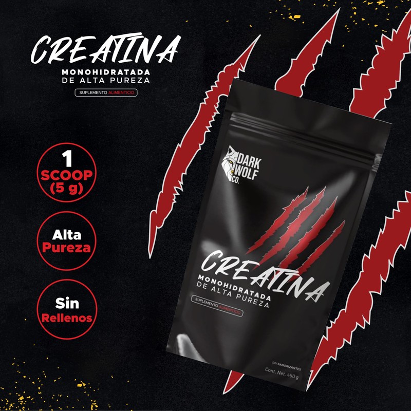 Creatina Monohidratada Dark Wolf, Alta Pureza, 100% Natural, Sin OGM,