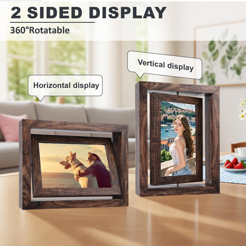 4x6 Rotating Floating Photo Frame - 360° Spinning Wooden Tabletop