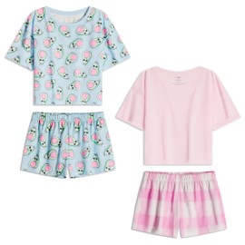 US Angels Girls Pajamas Sets- 4-Piece Cute Short Sleeve & Shorts PJ Set, Pink Girls’ Sleepwear, Kids Pajamas Sizes 5-16