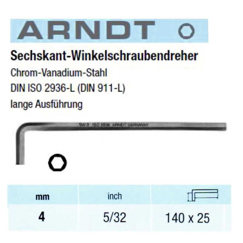 ARNDT Germany 4 mm extra langer Inbusschlüssel, metrischer Sechskantschlüssel, 140