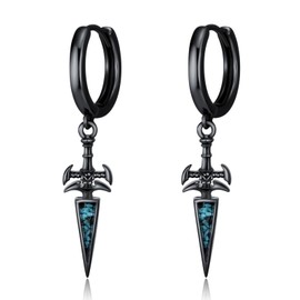 Midir&Etain Sword Dangle Drop Earrings for Men Women 925 Sterling Silver Turquoise Black Dagger Hoop Earring Punk Jewellery Gothic Birthday Gifts for Boys Girls