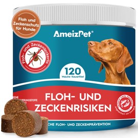 AmeizPet Floh Und Zeckenschutz Für Hunde, Zeckenschutz Hund, Anti Floh Hund Verstellbar Floh-Und Zecken Prävention, Verdauungsenzyme Für Alle Rassen Geeignet, 120 Hunde Leckerlis, 270g (9.5 Oz)